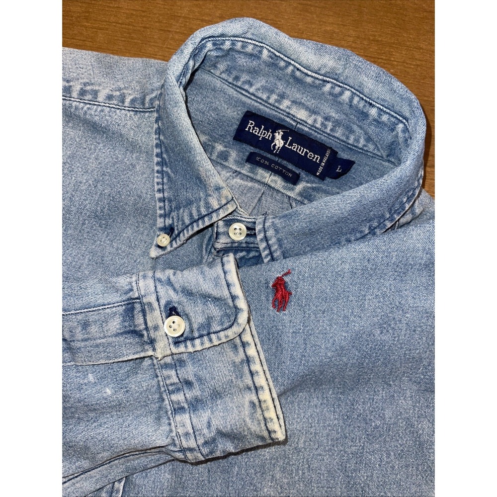 Vintage Polo Ralph Lauren Denim Shirt Men L Blue Button Down Long Sleeve Logo